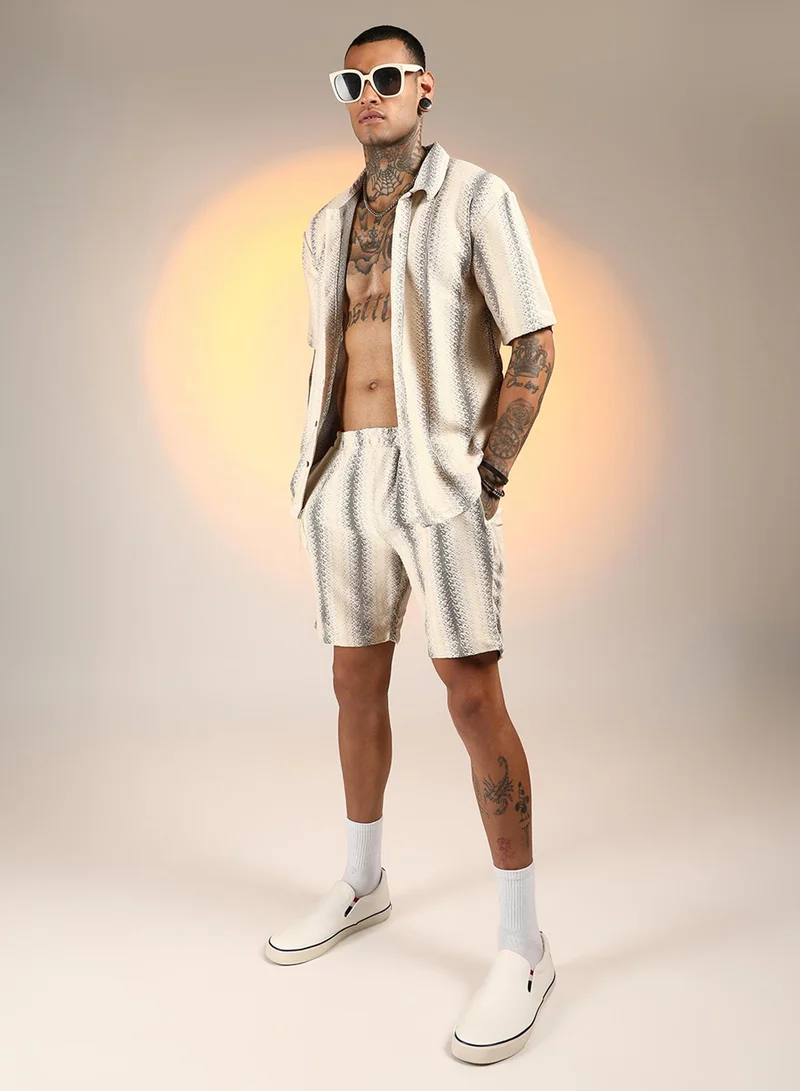 CAHOOT  Men's Ivory White & Midnight Black Texture-Striped Co-Ord Set For Casual Wear | Spread Collar | Short Sleeve | Button Closure | Co-Ords Crafted With Comfort Fit For Everyday Wear for Men | Best Price UAE